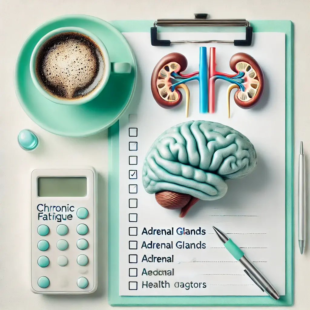 만성 피로의 원인을 상징하는 뇌 모형, 부신 그림, 커피컵과 체크리스트 세팅