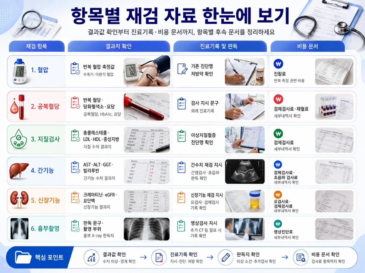 혈압, 공복혈당, 지질검사, 간기능, 신장기능, 흉부촬영 재검 시 필요한 결과지와 비용 문서를 구분한 인포그래픽