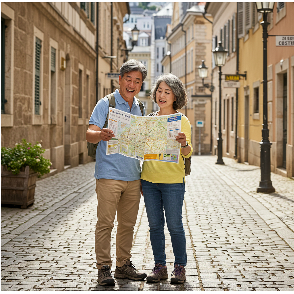 편안한 신발을 신은 한 중년의 한국인 부부가 유럽의 한 도시에서 즐겁게 지도를 보며 여행하는 모습.