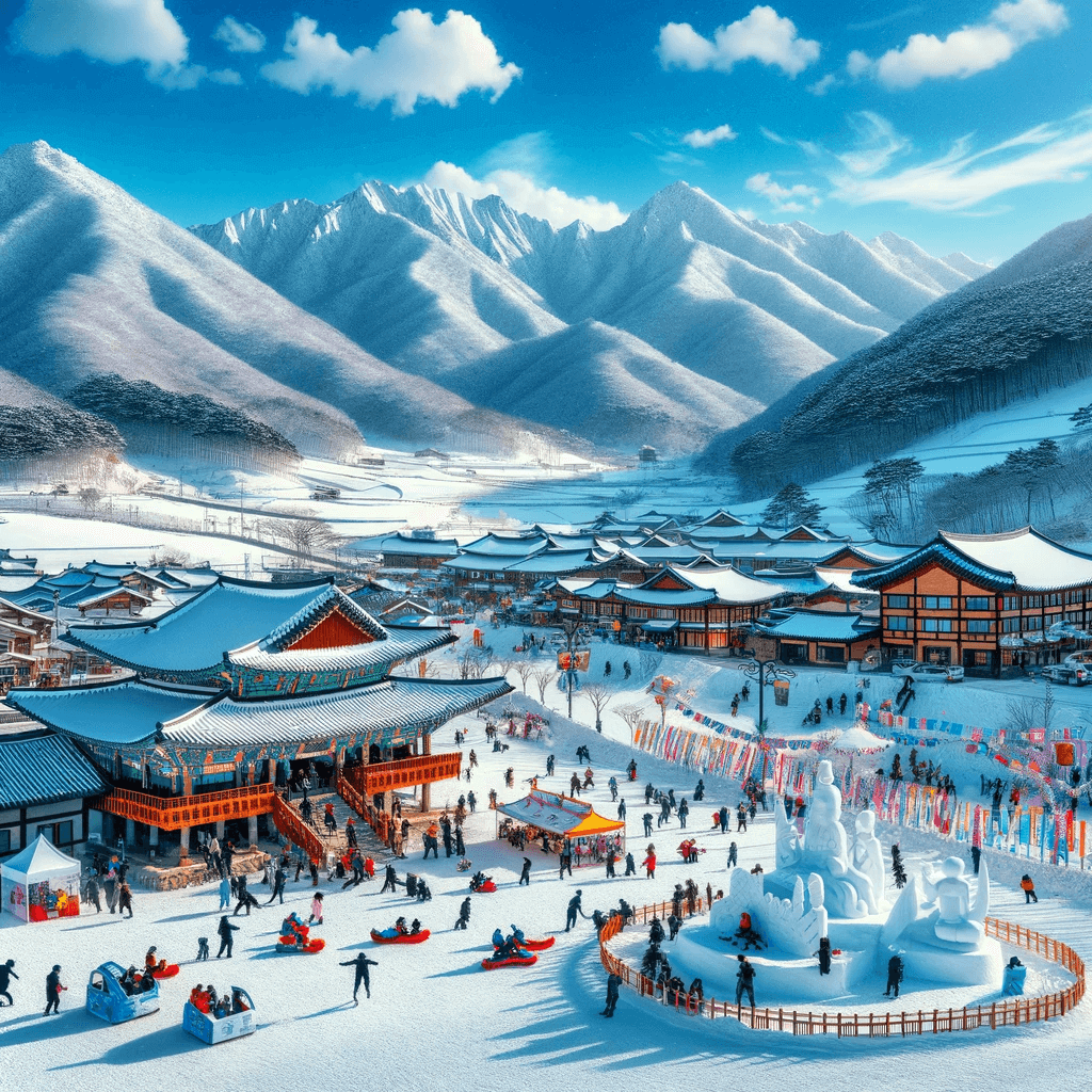 대관령의 겨울 풍경을 아름답게 표현하고 있으며, 눈꽃 축제의 활기찬 분위기와 문화적 중요성을 강조합니다.