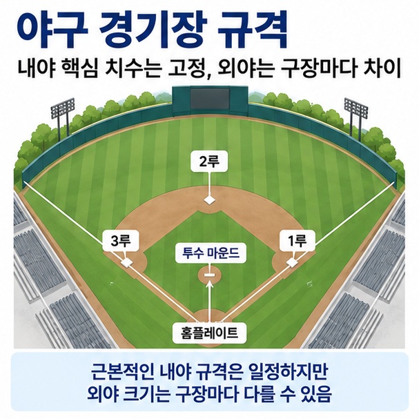 야구 경기장 규격이라는 제목과 홈플레이트 1루 2루 3루 투수 마운드를 위에서 내려다본 야구장 도면 이미지