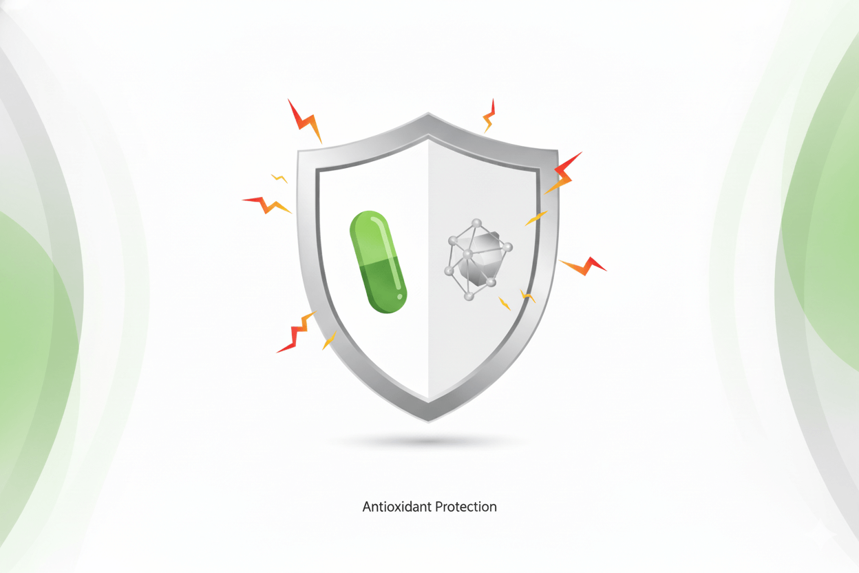 초록색 비타민E 캡슐 아이콘과 은빛 셀레늄 아이콘이 하나의 큰 방패 모양 안에 함께 배치되어 있고, 방패 밖에서 활성산소를 상징하는 작은 불꽃 아이콘들이 튕겨 나가는 항산화 컨셉 일러스트 이미지
