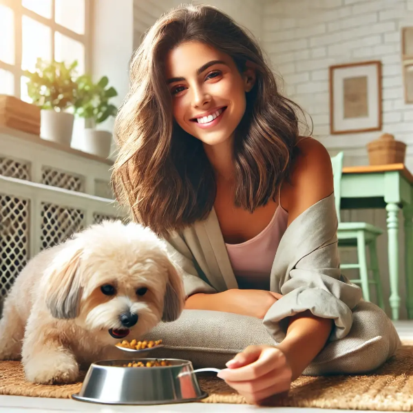 집 안에서 반려견에게 건강한 사료를 급여하며 웃고 있는 젊은 여성의 초고해상도 사진