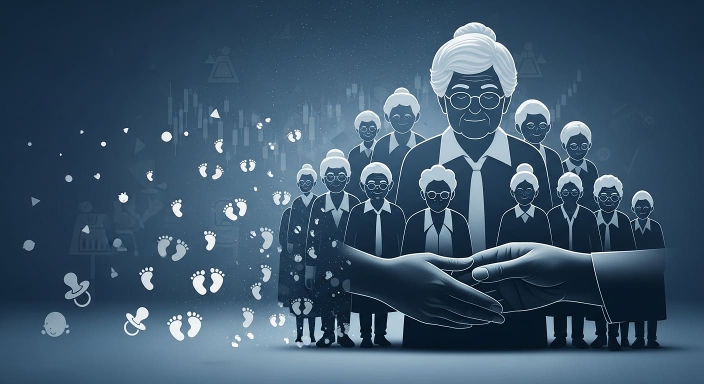 성인용 기저귀 시장이 아동용을 추월하며 한국 사회의 급격한 고령화와 저출생 현상을 상징적으로 보여주는 이미지.