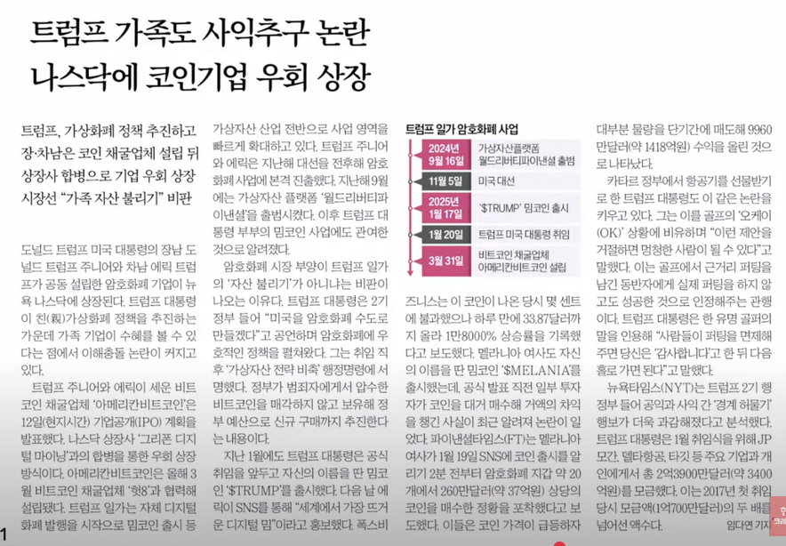 트럼프 가족, 가상화폐 기업 ‘우회 상장’ 논란