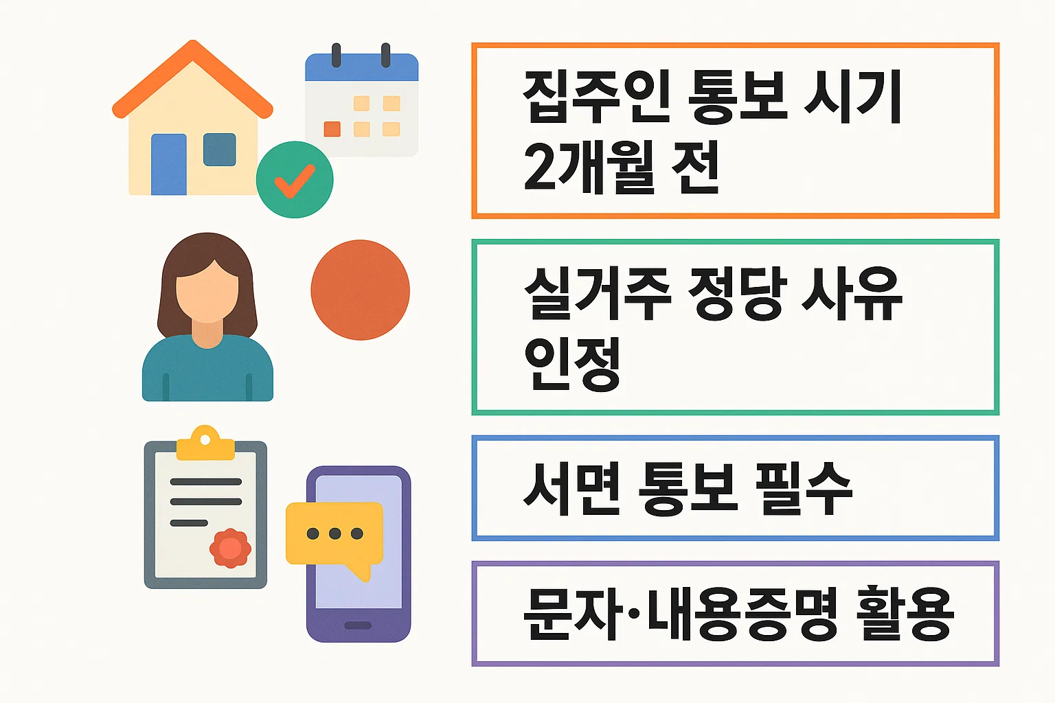 집주인이 실거주를 이유로 전세 계약 해지를 통보할 때의 기준, 시기(2개월 전), 서면 통보 요건을 정리한 인포그래픽.