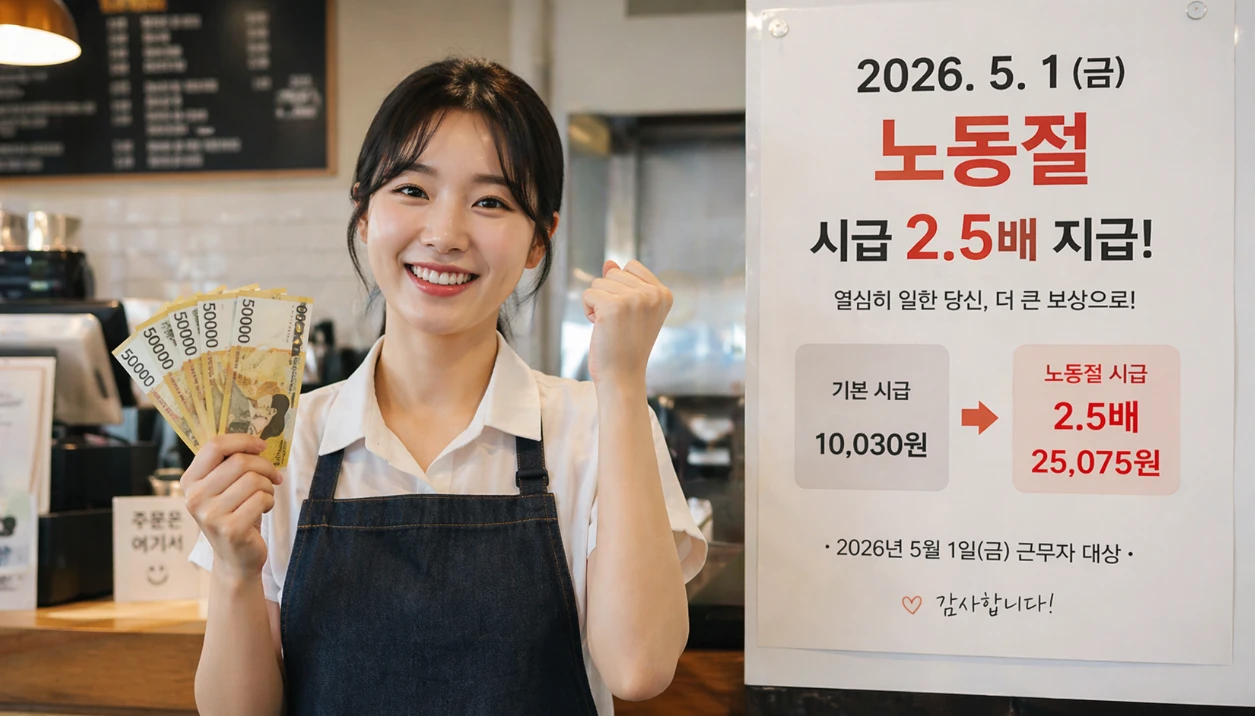 2026년 노동절, 2.5배 수당을 받아 기뻐하는 알바생. 밝은 표정의 젊은 여성이 돈을 들고 있다.