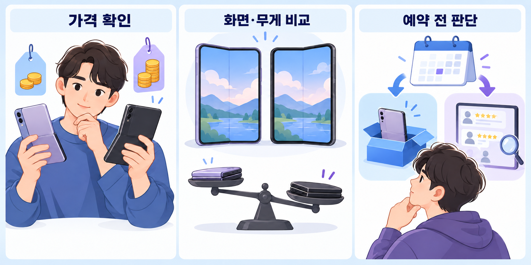 아이폰 듀오와 갤럭시 Z 폴드8의 가격·화면 크기·무게와 출시 후 검토 여부를 비교하는 구매 판단 3컷