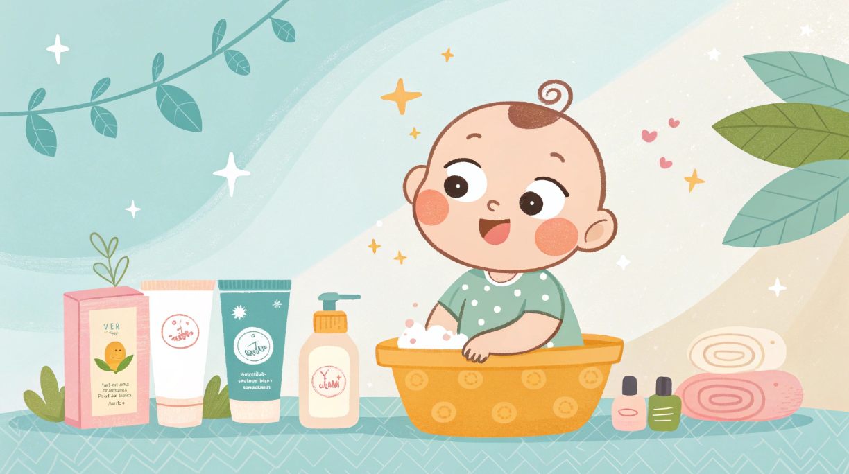 목욕하며 로션, 샴푸 등 화장품을 구경하는 아기