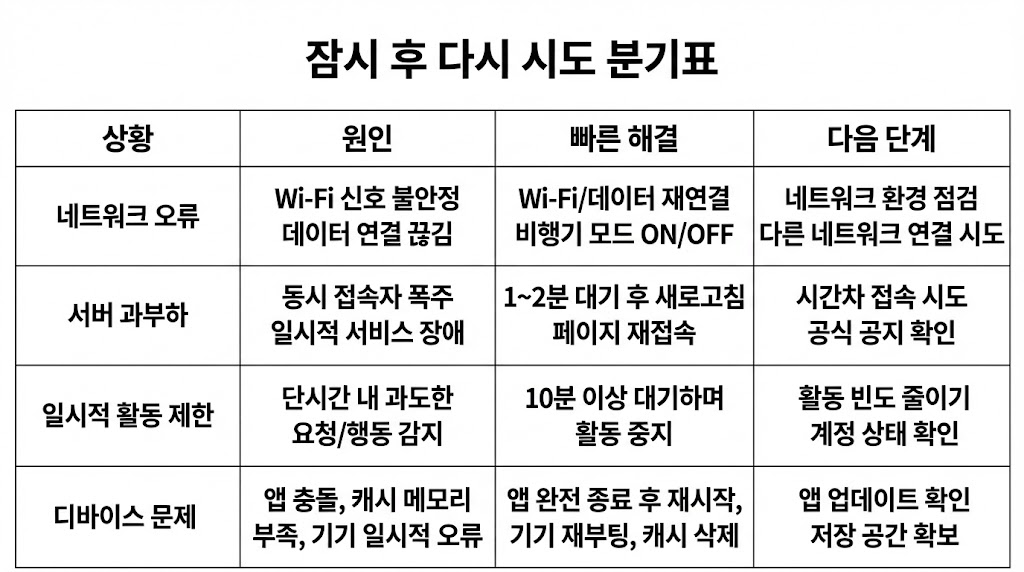 인스타 &ldquo;잠시 후 다시 시도&rdquo; 해결 2026: 제한/차단/기기/네트워크 분기표(바로 풀리는 순서)