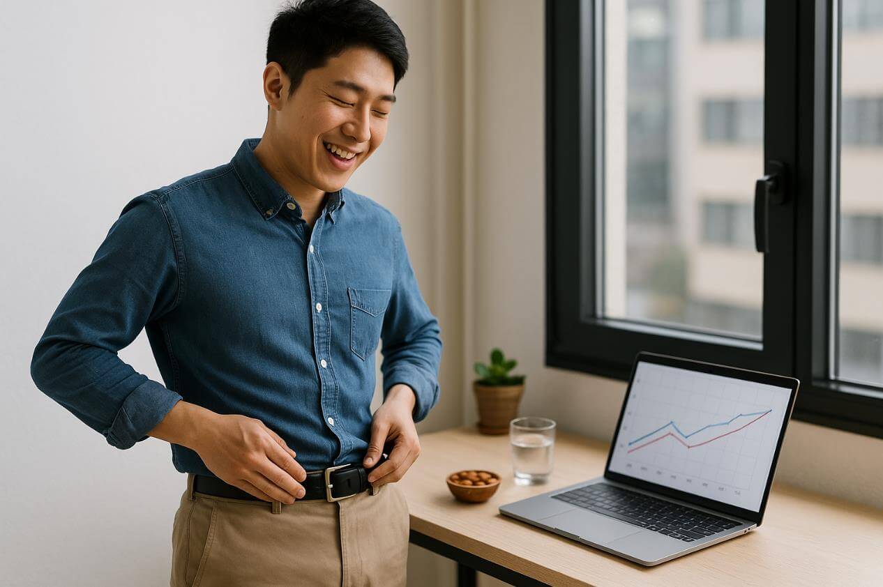 노트북 그래프를 보며 웃는 청년이 허리띠를 조이며 변화에 만족하는 모습.