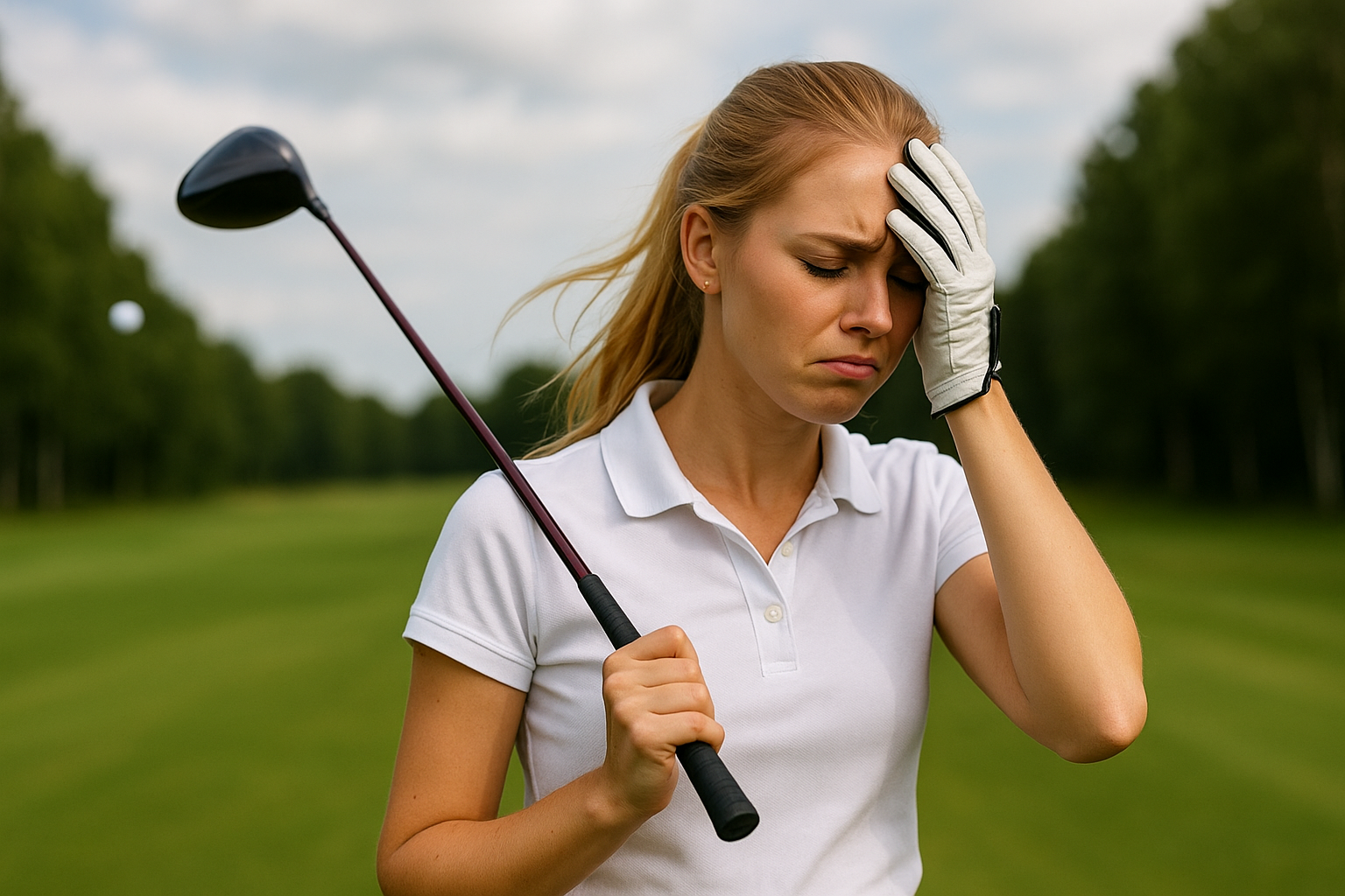 금발의 미녀 골퍼 드라이버 샷이 훅으로 날아가 실망하는 모습