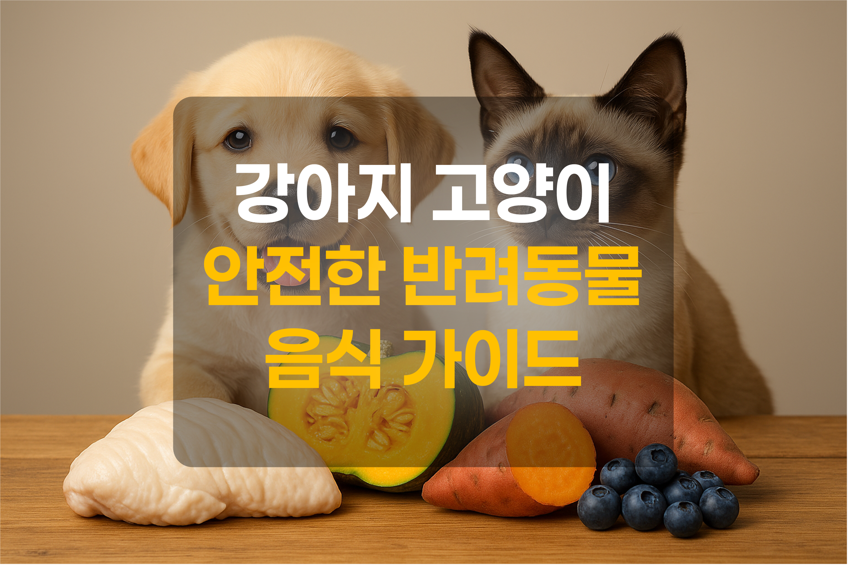 강아지, 고양이, 반려동물이 먹을 수 있는 안전한 음식을 표현한 그림
