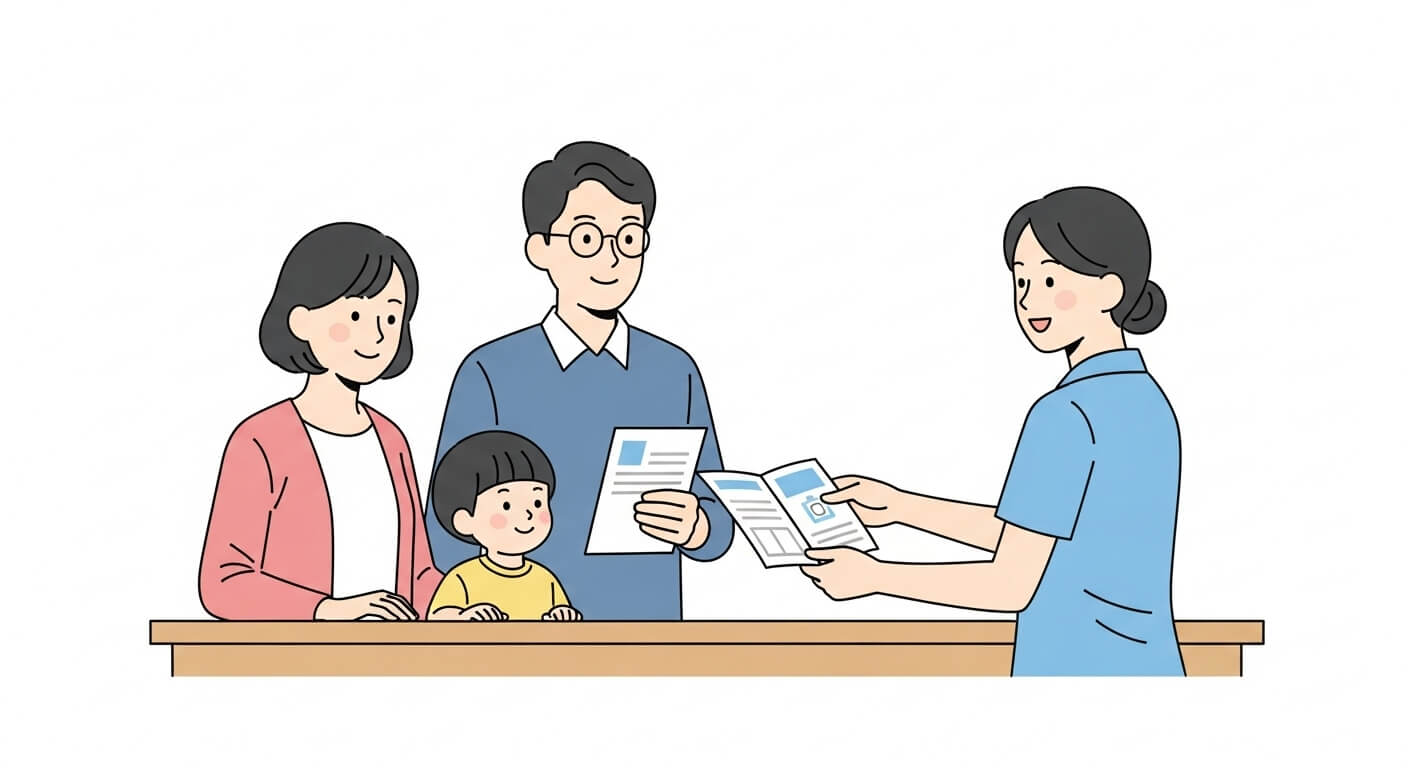 접수 창구에서 직원이 가족에게 안경렌즈 지원 신청 절차를 안내하는 장면 3