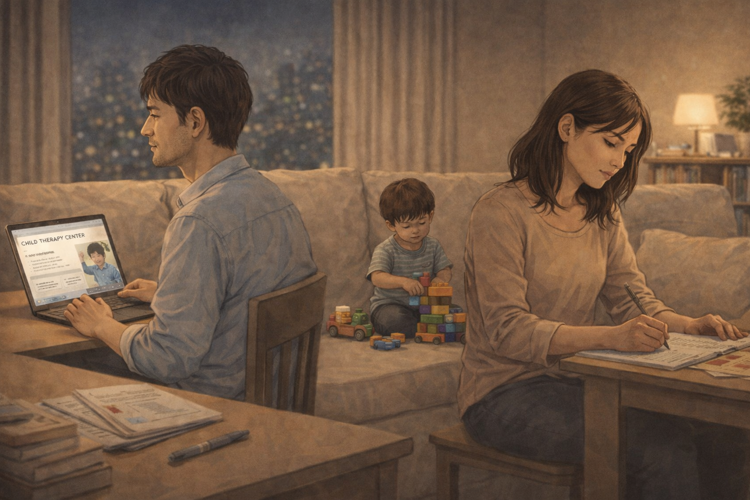 발달장애 자녀 치료 정보를 찾는 남편과 일상 계획을 정리하는 아내가 서로 다른 방식으로 적응하며 거리를 느끼는 부부의 모습