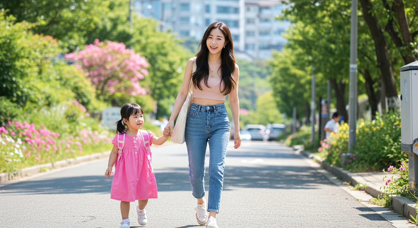어린 딸을 등원시키는 여성