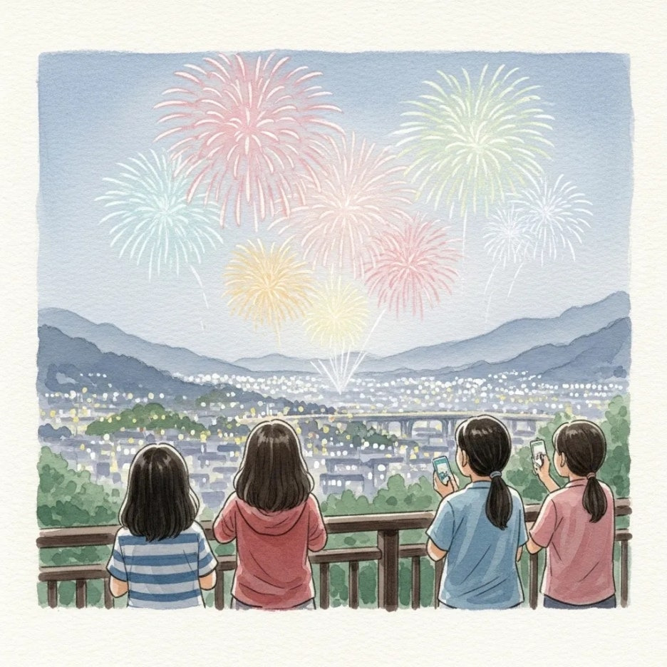 아름다운 불꽃을 감상하는 사람들의 모습.