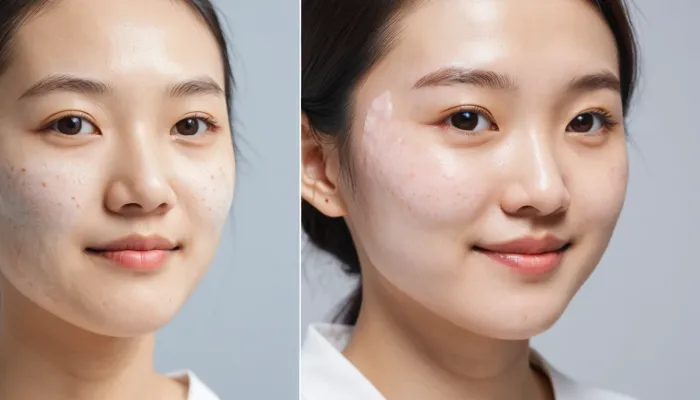 여드름 패치 사용 전후 피부 변화를 비교하는 여성의 모습