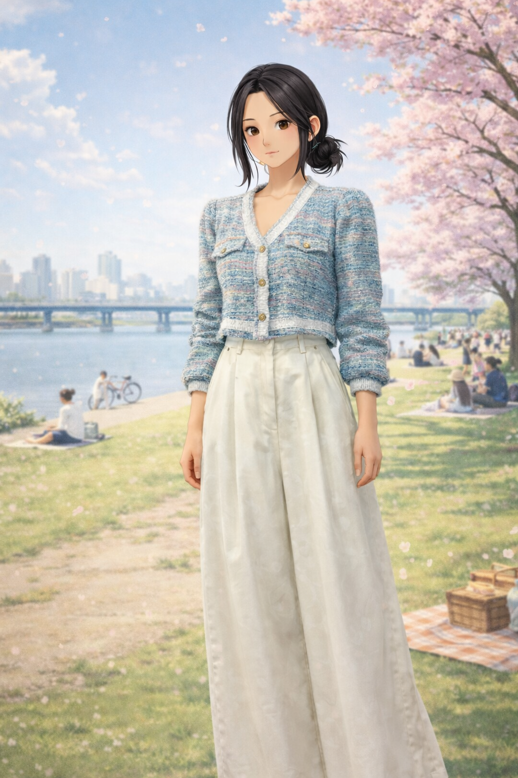 tweed puff jacket with wide pants outfit
elegant spring tweed styling
feminine wide pants outfit look