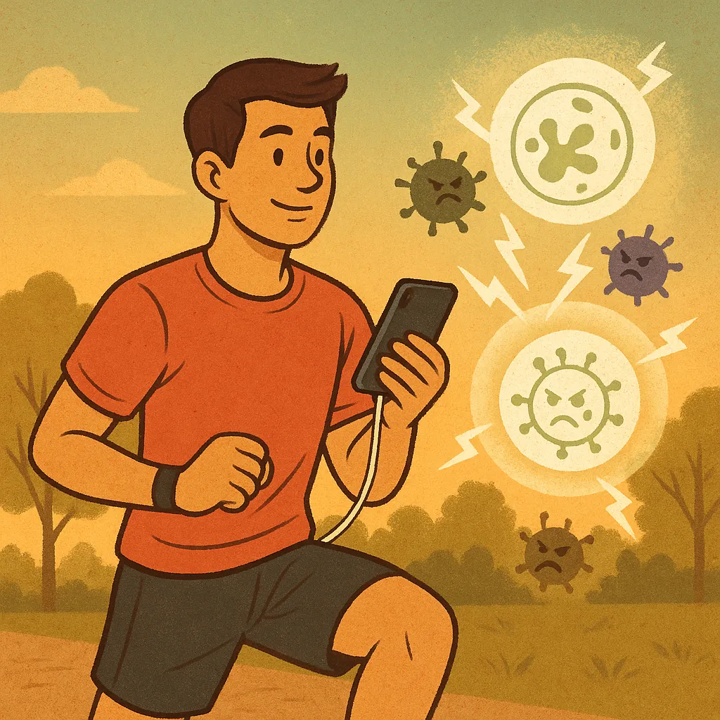 아침-햇살-아래-조깅하는-남성-주변에-빛나는-백혈구-아이콘이-세균과-바이러스를-물리치는-장면으로-운동과-면역력-강화-강조