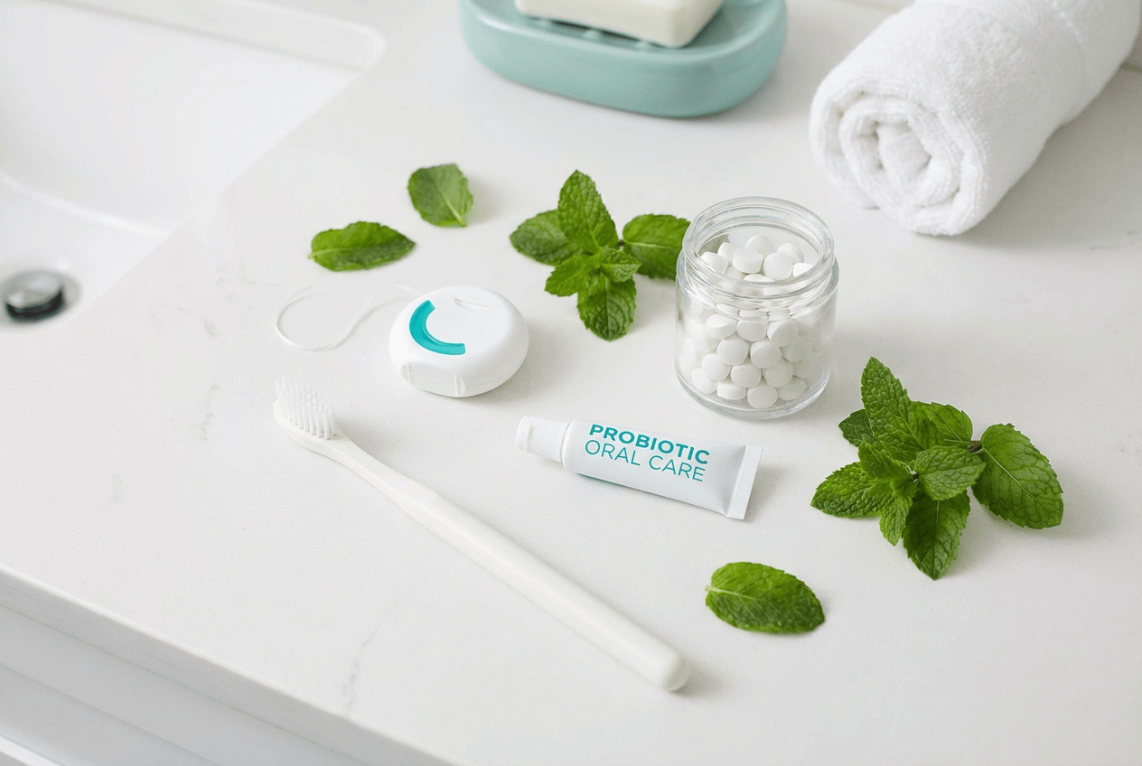 하얀 세면대 위에 칫솔과 치실, PROBIOTIC ORAL CARE 치약 튜브, 흰색 구강 유산균 정제가 담긴 유리병, 신선한 민트 잎이 함께 놓인 상쾌한 구강 케어 세트 이미지