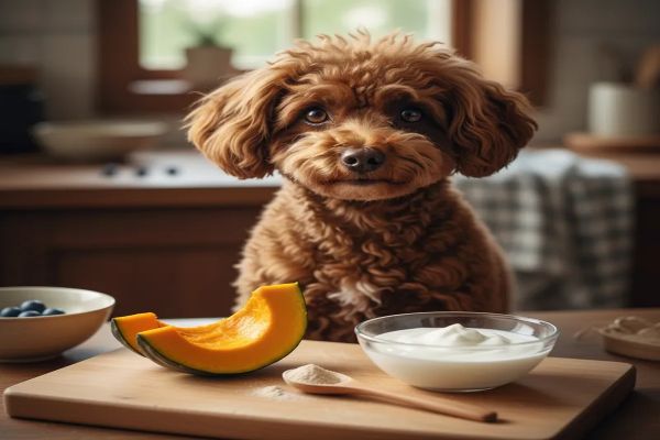 주방에서 단호박과 요거트 등 신선한 재료 앞에 앉아있는 갈색 푸들 이미지
