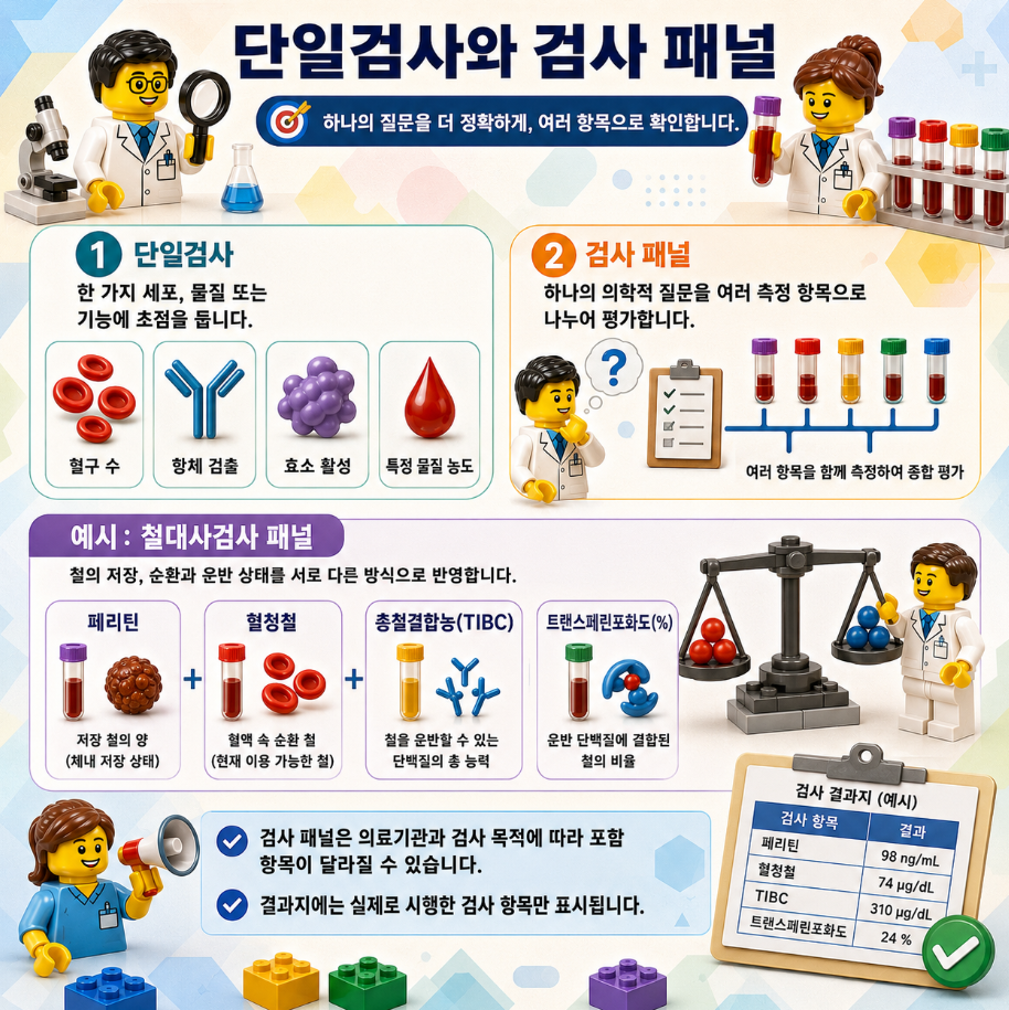 단일검사와 검사 패널의 차이, 철대사검사 패널 구성을 설명한 레고 스타일 메디컬 인포그래픽