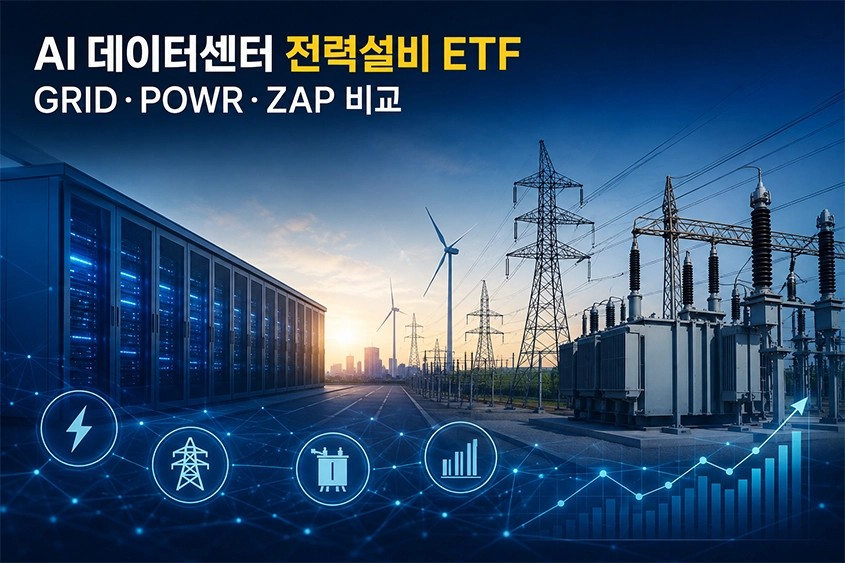 AI 데이터센터 전력설비 ETF를 주제로 GRID&middot;POWR&middot;ZAP ETF를 비교한 대표 이미지. 데이터센터, 송전망, 변압기, 전력 인프라를 배경으로 AI 시대 전력설비 투자 흐름을 설명하는 썸네일