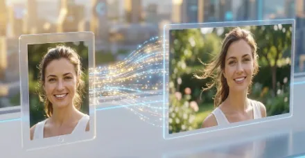 씨댄스 2.0 사용법: 레퍼런스 이미지 한 장으로 인물의 외형과 일관성을 유지하며 영상을 생성하는 씨댄스 2.0의 기능 표현 이미지. 태블릿 속 정지된 사진이 빛의 흐름을 통해 생생하게 움직이는 홀로그