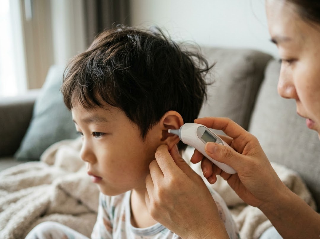 귀 체온계로 아이 체온을 재는 엄마