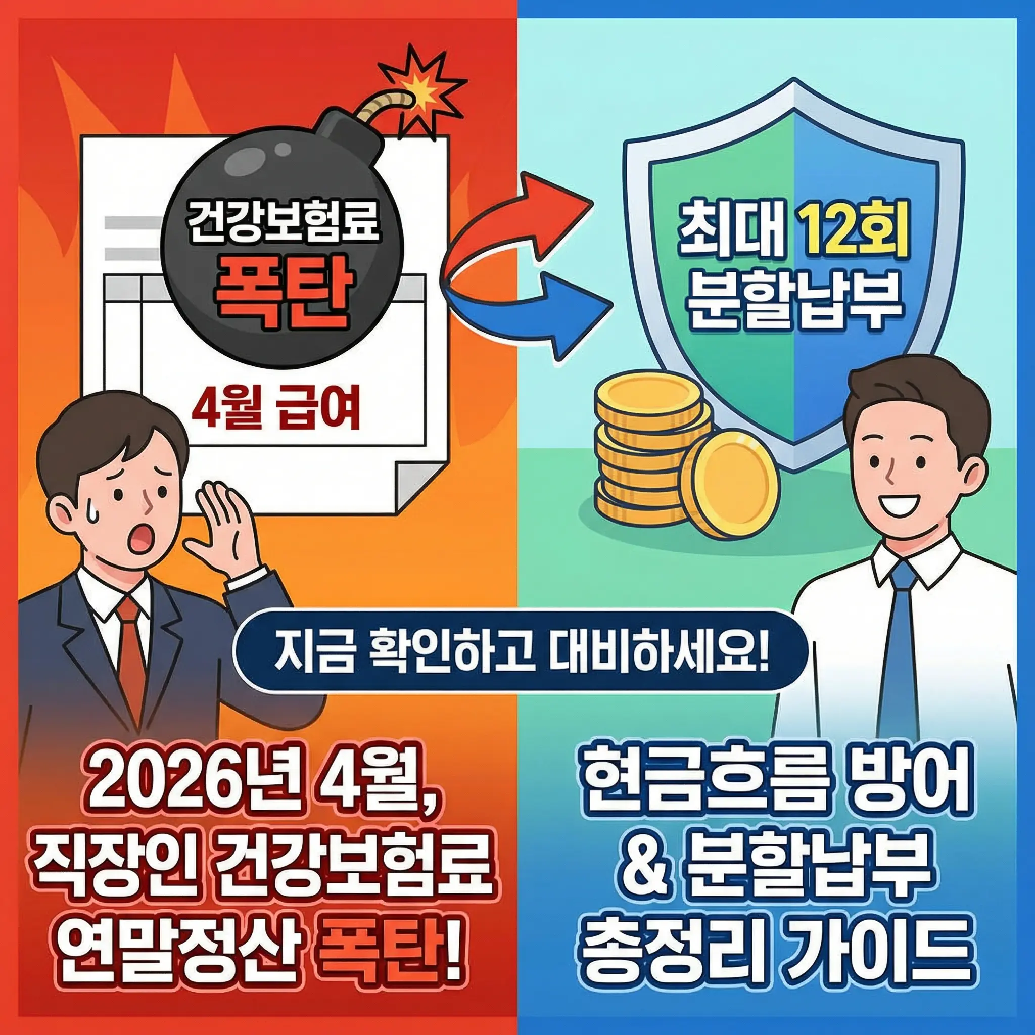 2026년 4월 직장인 건강보험료 연말정산 폭탄 대비 및 최대 12회 분할납부 안내 썸네일. 갑작스러운 지출 부담을 막기 위한 현금흐름 방어 및 분할납부 신청 총정리 가이드 인포그래픽.