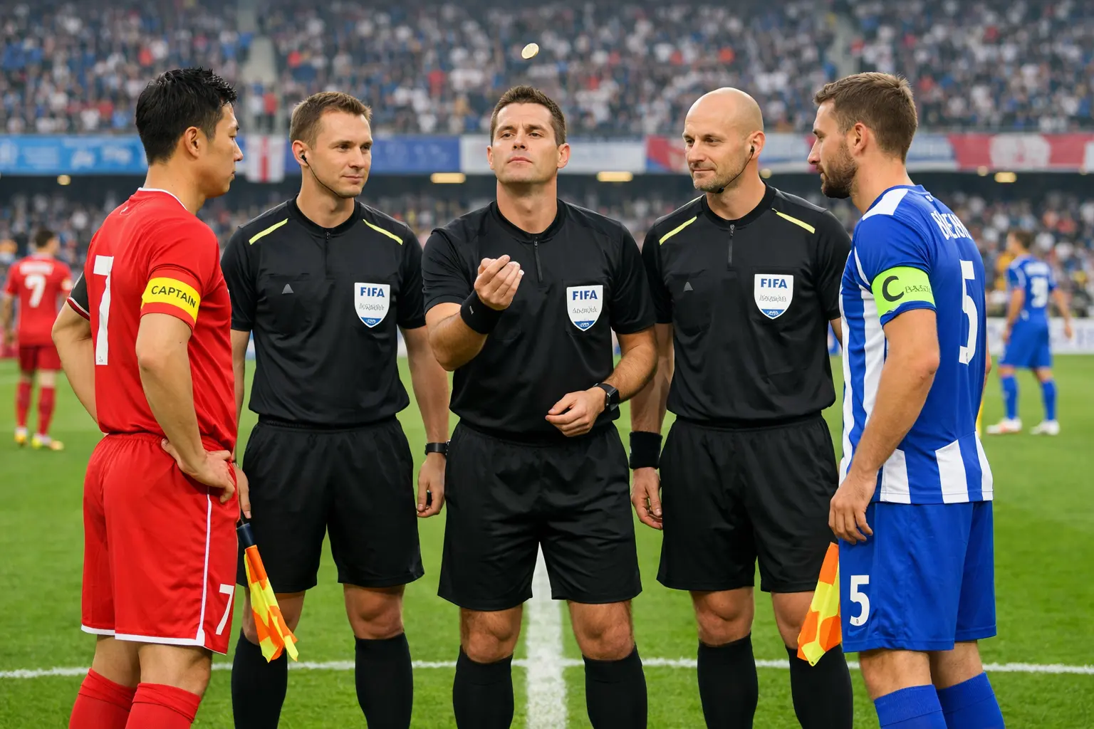경기 시작 전 심판과 함께 코인 토스에 참여하는 축구 주장들
