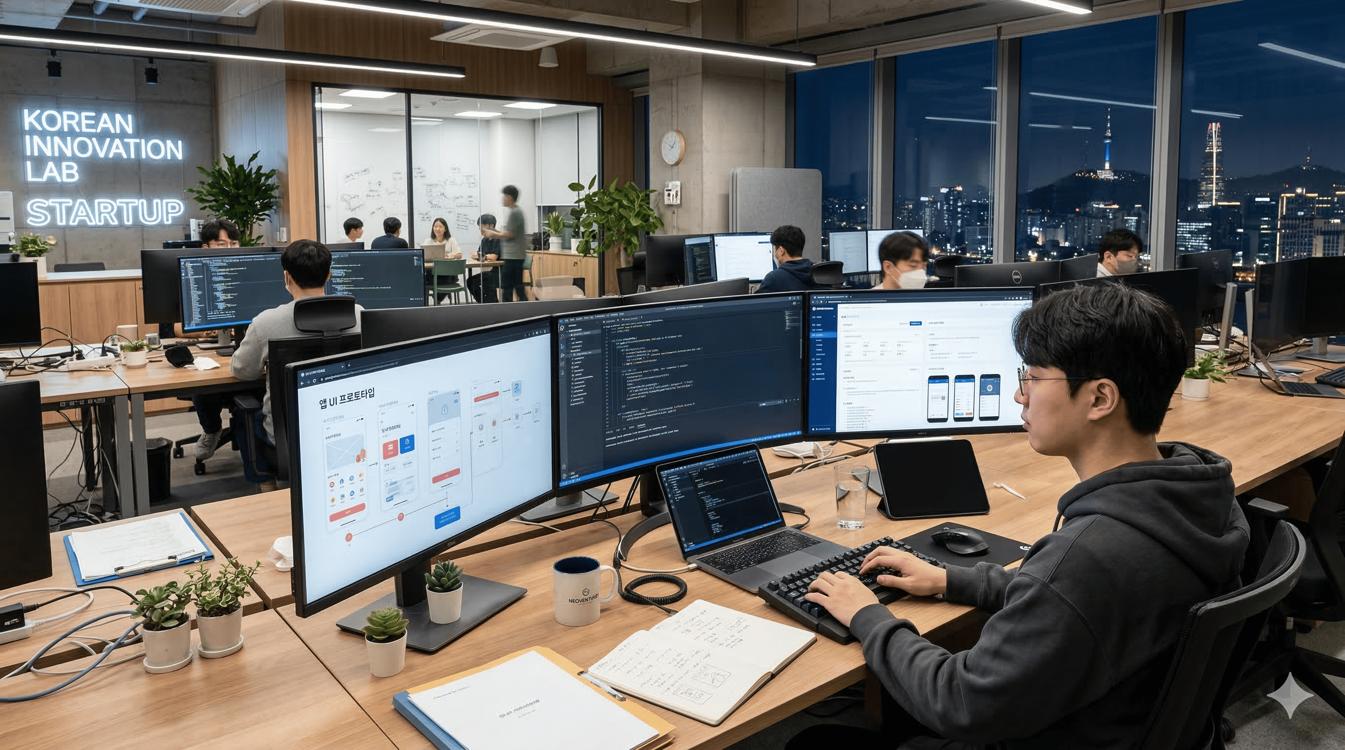 여러 모니터를 보며 앱을 개발하는 한국인의 작업 환경입니다. AI 개발 도구를 활용하는 실제 업무 분위기를 보여줍니다.