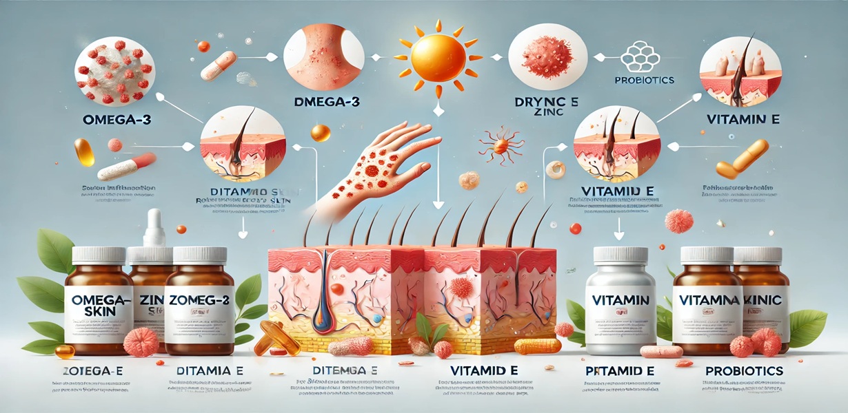 피부염, 건조함, 가려움을 완화하는 오메가3, 아연, 비타민E, 프로바이오틱스 영양소 인포그래픽