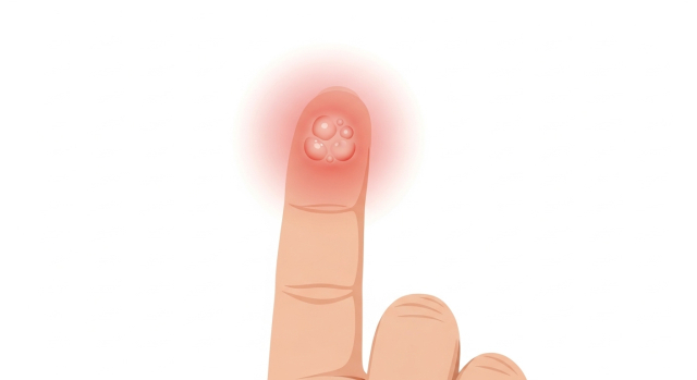 손가락 끝에 물집이 생긴 헤르페스성 지절염을 단순하게 표현한 그림