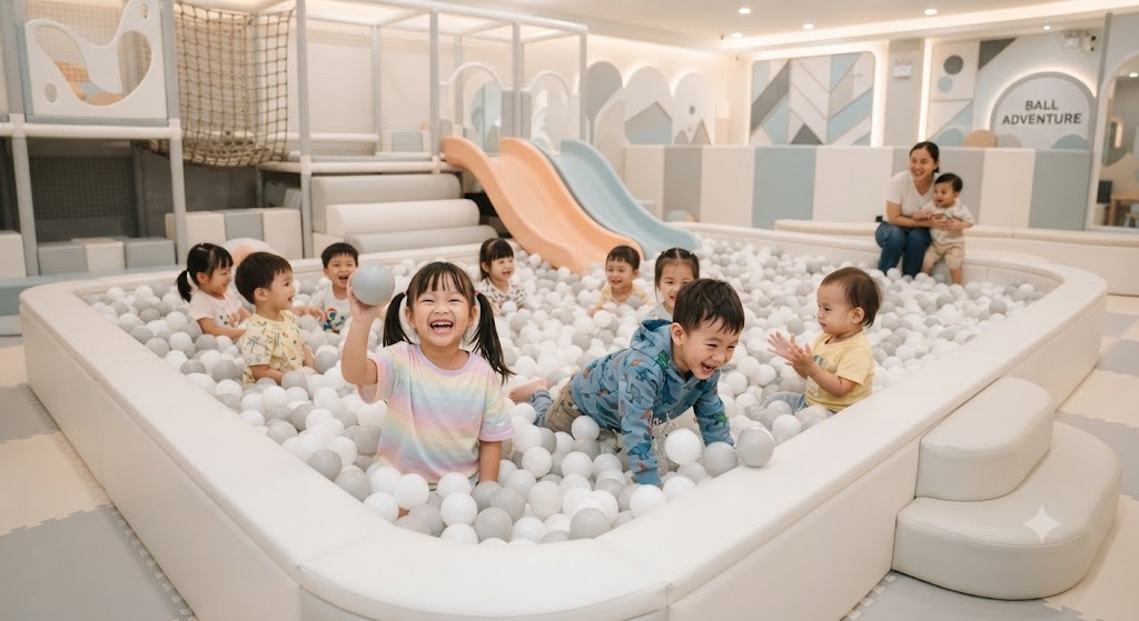 넓고 쾌적한 볼풀장에서 아이들이 신나게 놀이하는 모습이에요.