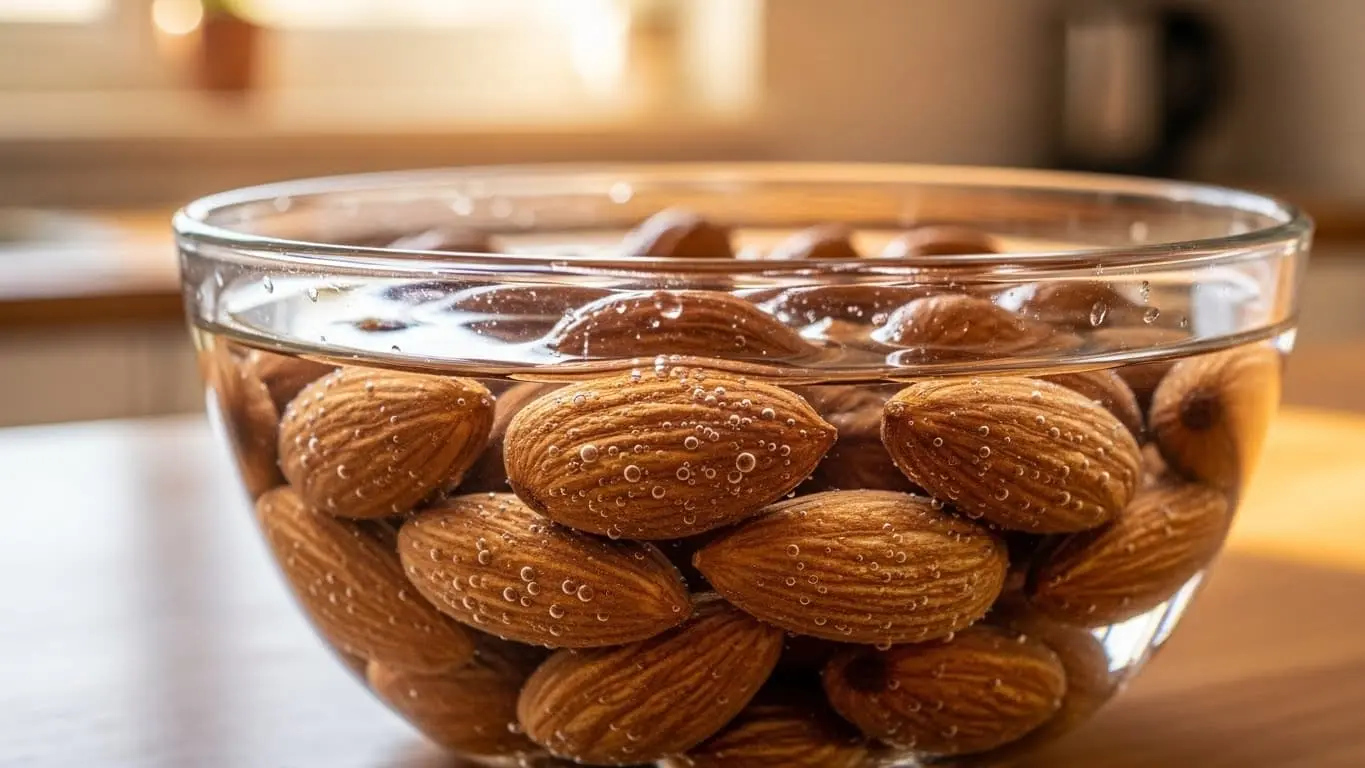 물에 불려 있는 아몬드가 투명한 유리 볼에 담겨 있는 모습. 견과류를 불려 먹는 과정을 보여준다.