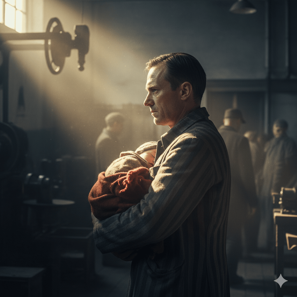 영화 사울의 아들에서 아이를 품에 안고 한 줄기 빛 아래 서 있는 사울의 숭고한 모습