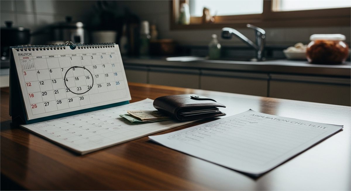 달력과 지갑, 체크리스트로 신청 전 확인사항을 보여주는 장면