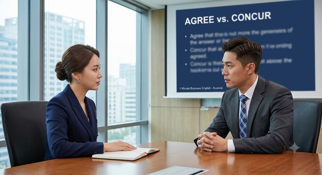 비즈니스 영어 회의에서 'Agree'와 'Concur'의 뉘앙스 차이를 설명하는 프레젠테이션 화면과 집중하는 남녀 직원의 모습