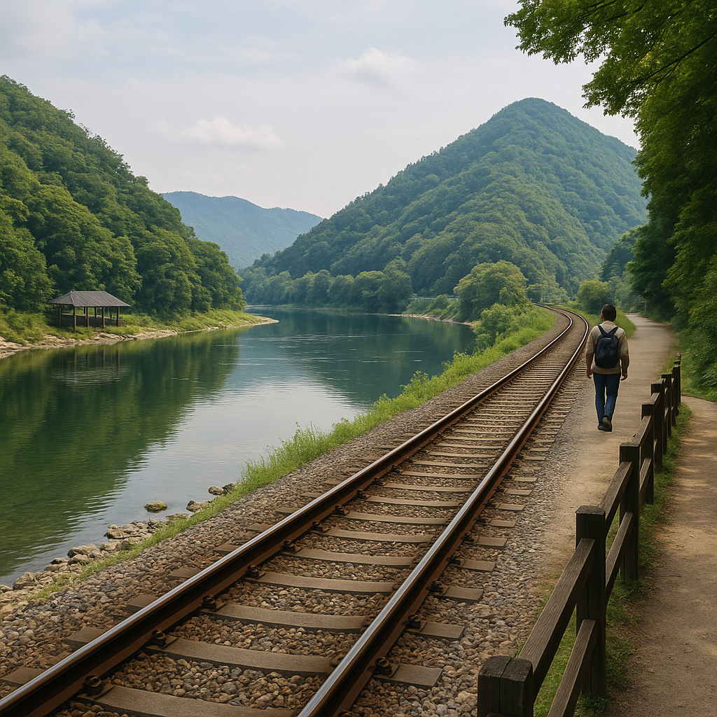 기찻길을 따라 걷고 있는 중년남성 사진