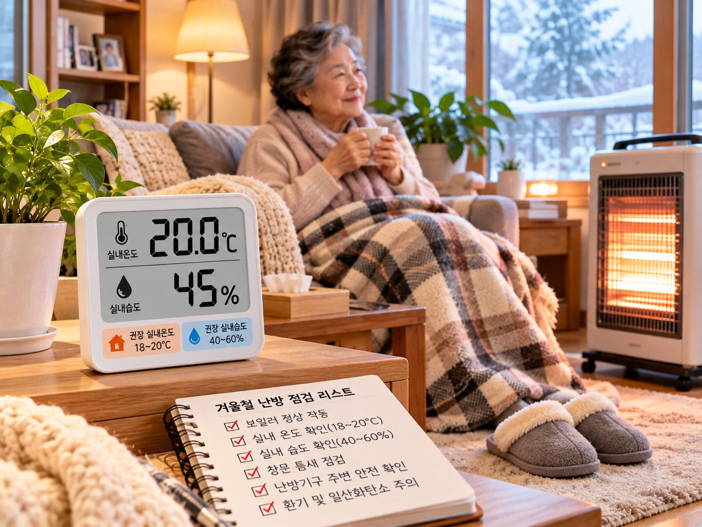 겨울철 어르신 가정의 온습도계와 안전한 난방 환경을 보여주는 이미지