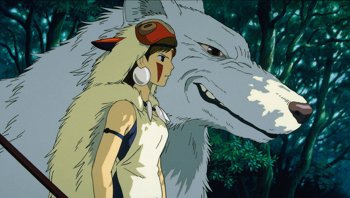 Princess Mononoke 영화 '원령공주' 속 산과 늑대신 모로가 함께 숲 속에 있는 장면
