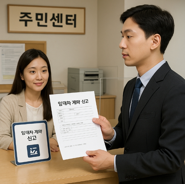 주민센터에서 임대차 계약 신고하는 젊은남자 직장인