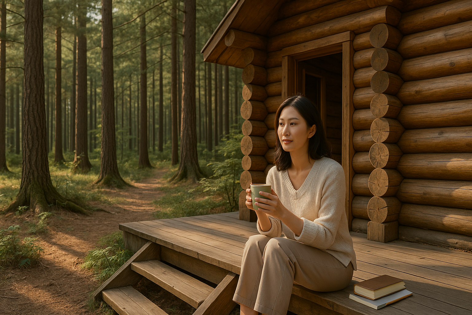 숲속 통나무집 앞에서의 사색