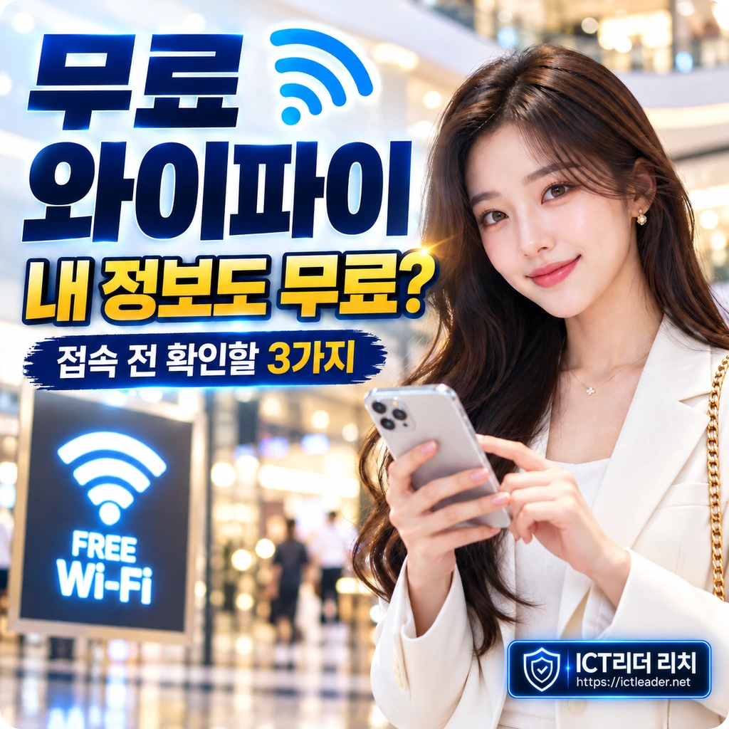쇼핑몰에서 스마트폰을 든 여성과 무료 와이파이 내 정보도 무료라는 문구로 접속 전 개인정보 점검을 안내하는 썸네일