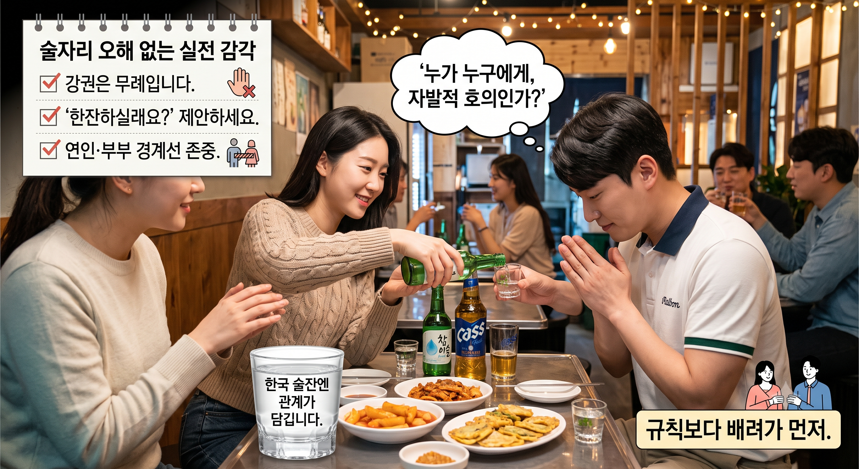 "한국 술자리에서 술을 따라주는 손과 잔을 내미는 손 - 자발적 호의와 요구의 차이를 나타낸 개념 이미지"
