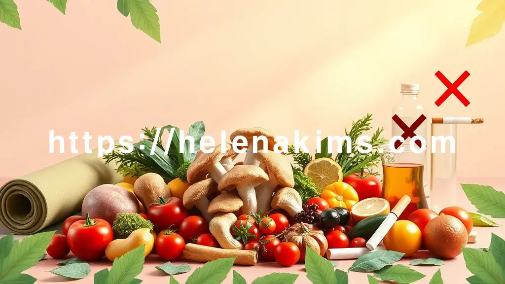 밝고 깨끗한 배경 위, 신선한 표고버섯과 느타리버섯이 놓인 건강한 식단. 간 건강을 해치는 술잔과 담배는 흐릿하게 X자 표시로 처리하여 경고의 메시지를 담고 있는 이미지.