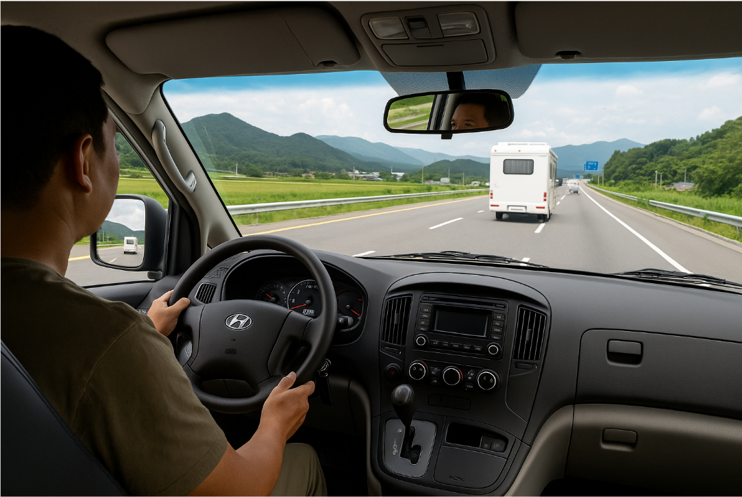 캠핑카 운전 중 전방을 주시하는 장면 (국내 도로)
