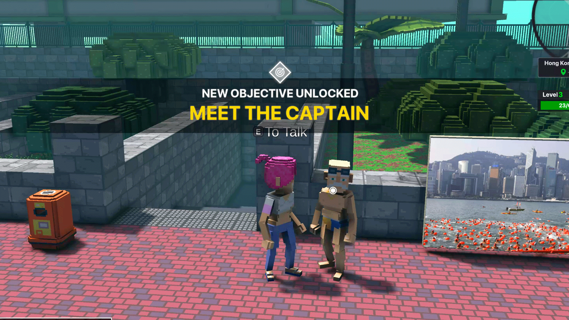 수영복 입은 노인과 대화하는 사람